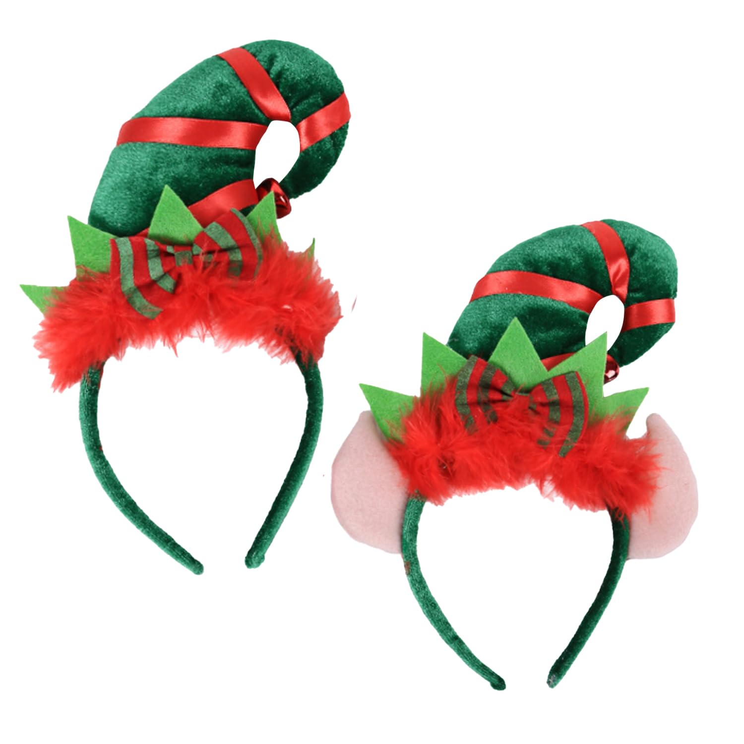 DVOFU 2Pieces Santa Hat Headband Red Green Feather Cute Bell Hairband with Ears Elf Headwear Xmas Fancy Dress Accessory for Santa Party Carnival