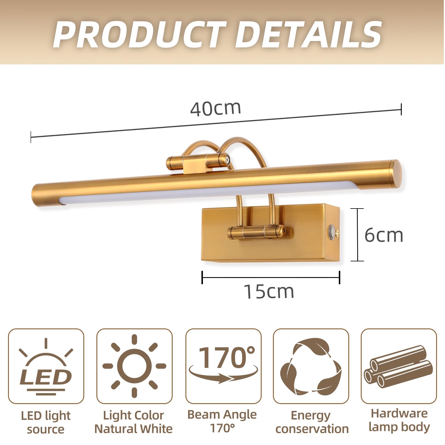 Espejo Baño LED 40cm 8W Luz Pared 3 Temperaturas Regulable Latón | Luz de Pared Arco con Cabeza Giratoria Brillo Regulable, Antivaho, Espejo Iluminado para Baño y Tocador