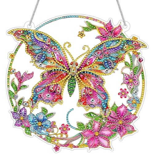 VeteUr RDCREW DIY Butterfly Diamond Art Wreath Kits - Special Shaped Rhinestone Diamond Painting Suncatcher Hanging Ornament Window Pendants Gift for Home Garden Wall Indoor Outdoor Decor, Small