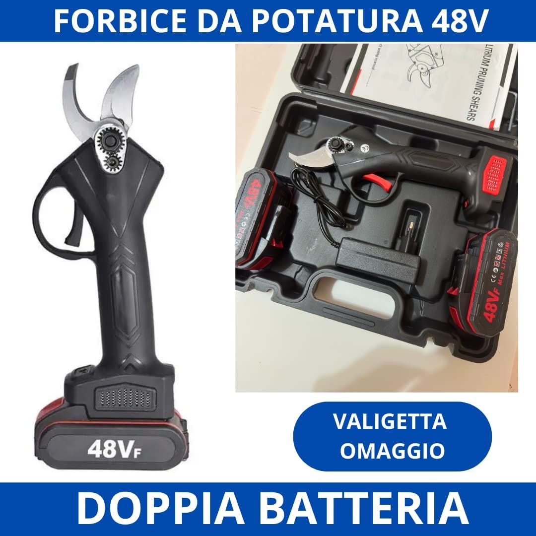 Forbici Potatura con 2 Batterie da 48V Trincia Rami Professionale Cesoie Elettriche Forbice da Giardino Alberi da Frutta Cordless Senza Fili Arbusti, verde blu