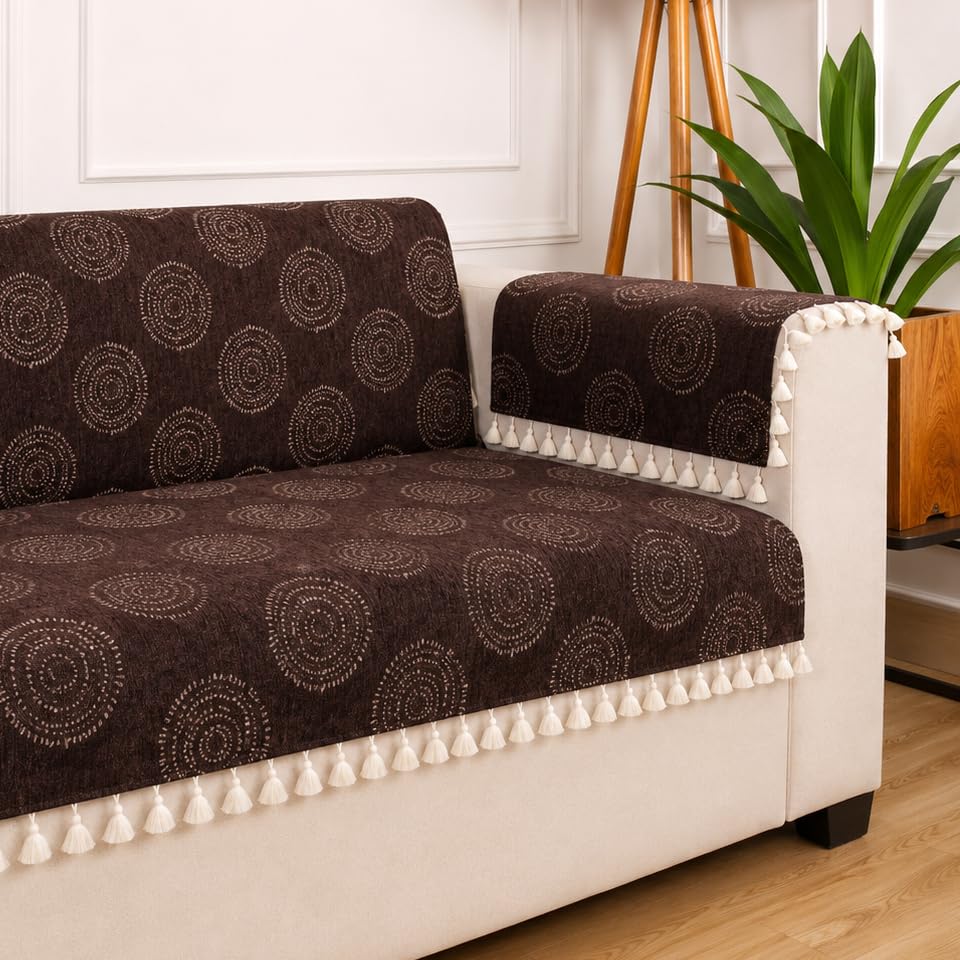 STITCHNEST Woven Fabric Sofa Cover 3 Seater with 2 Hand Rest Covers – Washable Brown Sofa Cover with Tassels – Durable Premium Fabric – Stylish Sofa Protector for Living Room & Furniture Decor