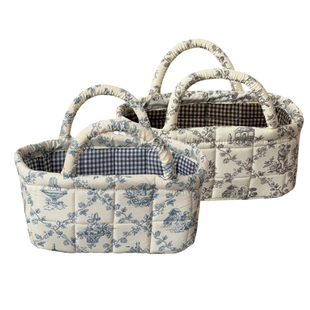 Small Quilted Boho Storage Basket with Handle, Boho Floral Fabric Bin for Diaper Caddy, Makeup Organizer, Desktop Storage Box