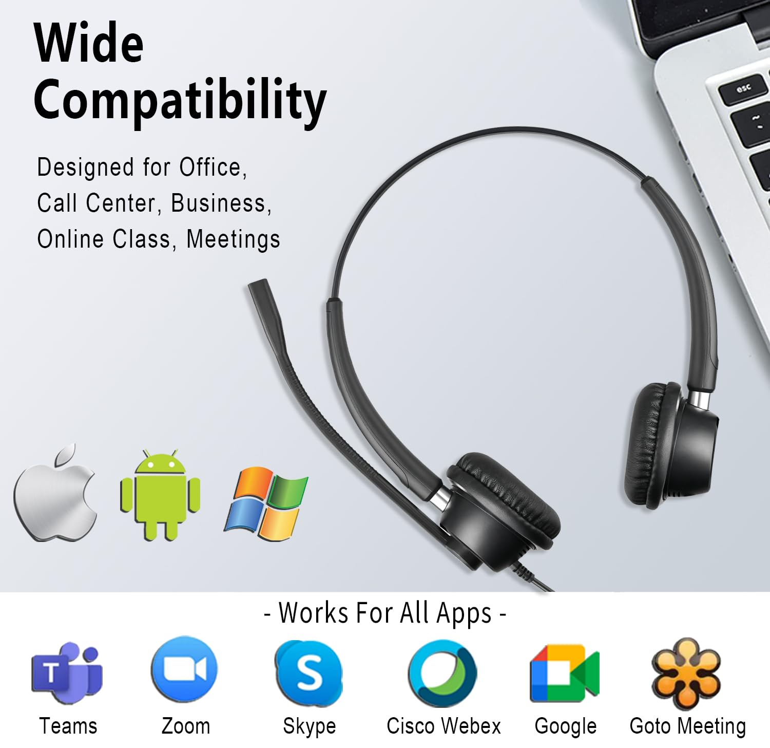 3.5mm PC Auriculares con Micrófono, Cancelación de Ruido | USB-C / 3.5mm Jack 2-en-1 PC Auriculares Estéreo con control en línea para Teams, negocios, Skype, Zoom, Oficina - Negro