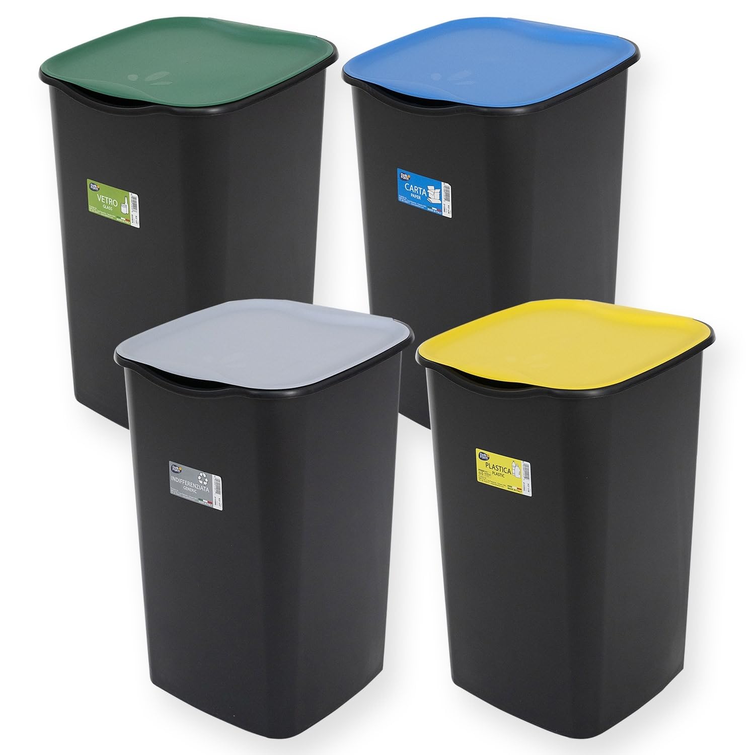 Sicignano | Set Pattumiere Riciclo con Coperchio Raccolta Differenziata Carta Vetro Plastica 50 Litri, 15 Sacchetti Neutri, con Paletta e Appendiscope Colori Assortiti