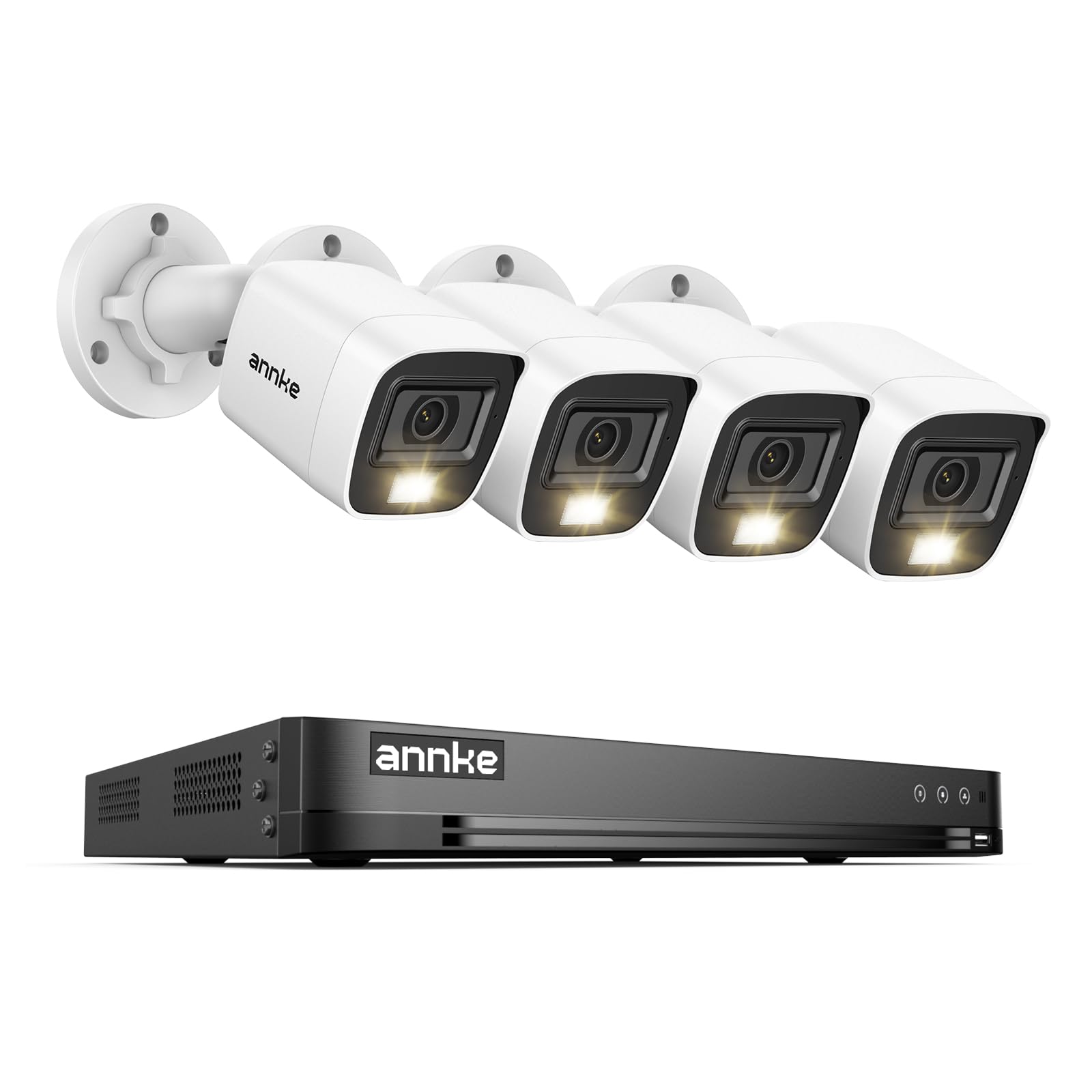 ANNKE 32-kanałowy rejestrator 3K Lite DVR z funkcją rozpoznawania ruchu AI, 4 x 1080p analogowa kamera bezpieczeństwa z inteligentnym noktowizorem kolorów, IP67, przewodowa kamera Bullet, bez dysku