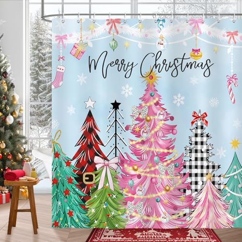 COZZSNUGE Merry Christmas Shower Curtain, Pink Buffalo Plaid Xmas Tree