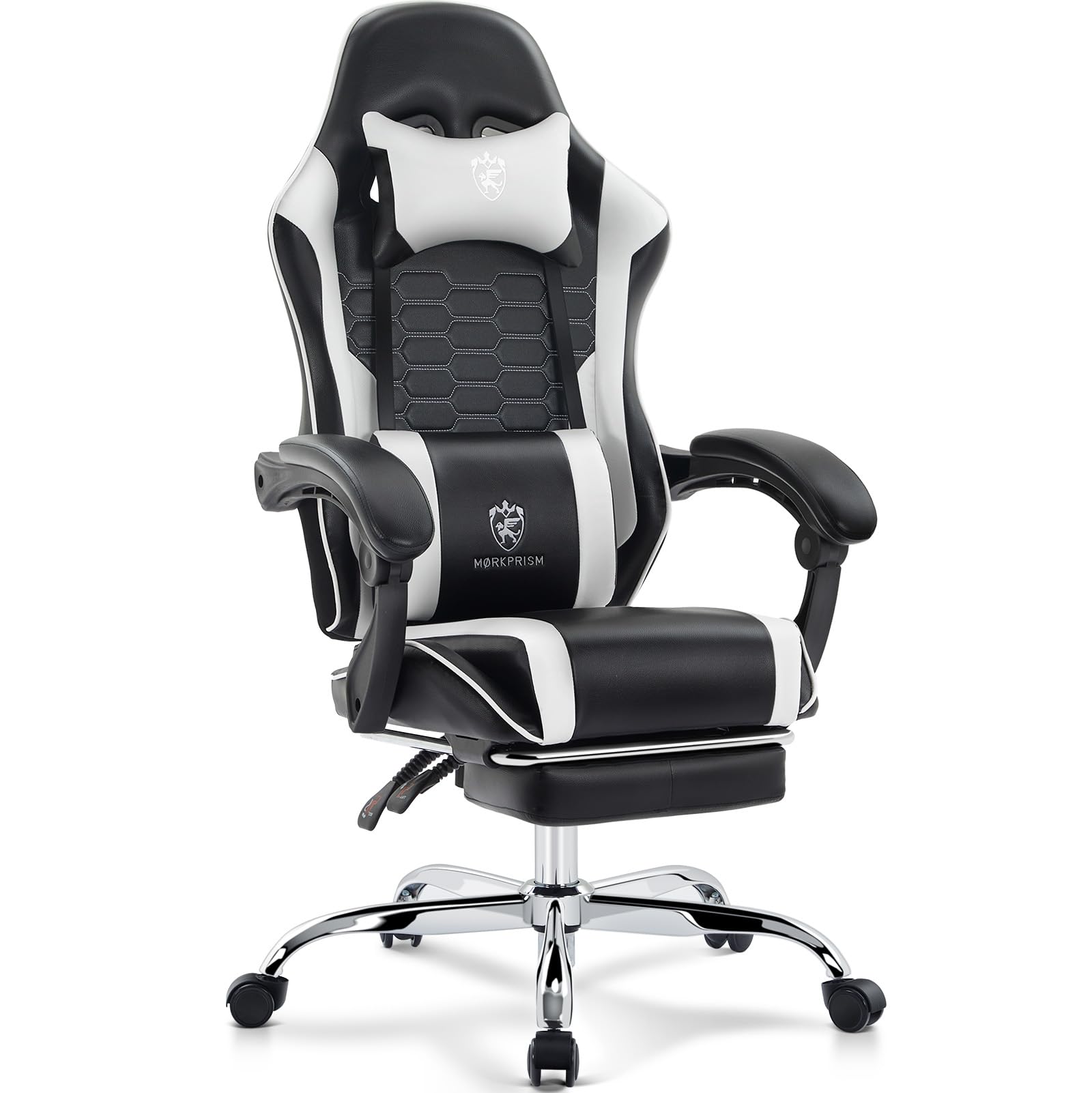 Photo 1 of ** DAMAGE MINOR** Morkprism Gaming Chair,Computer Office Chair with Footrest,Massage Lumbar Support and Gel Pad,Ergonomic Reclining Adjustable Leather Gamer Chair with Headrest and Spring Cushion Black White