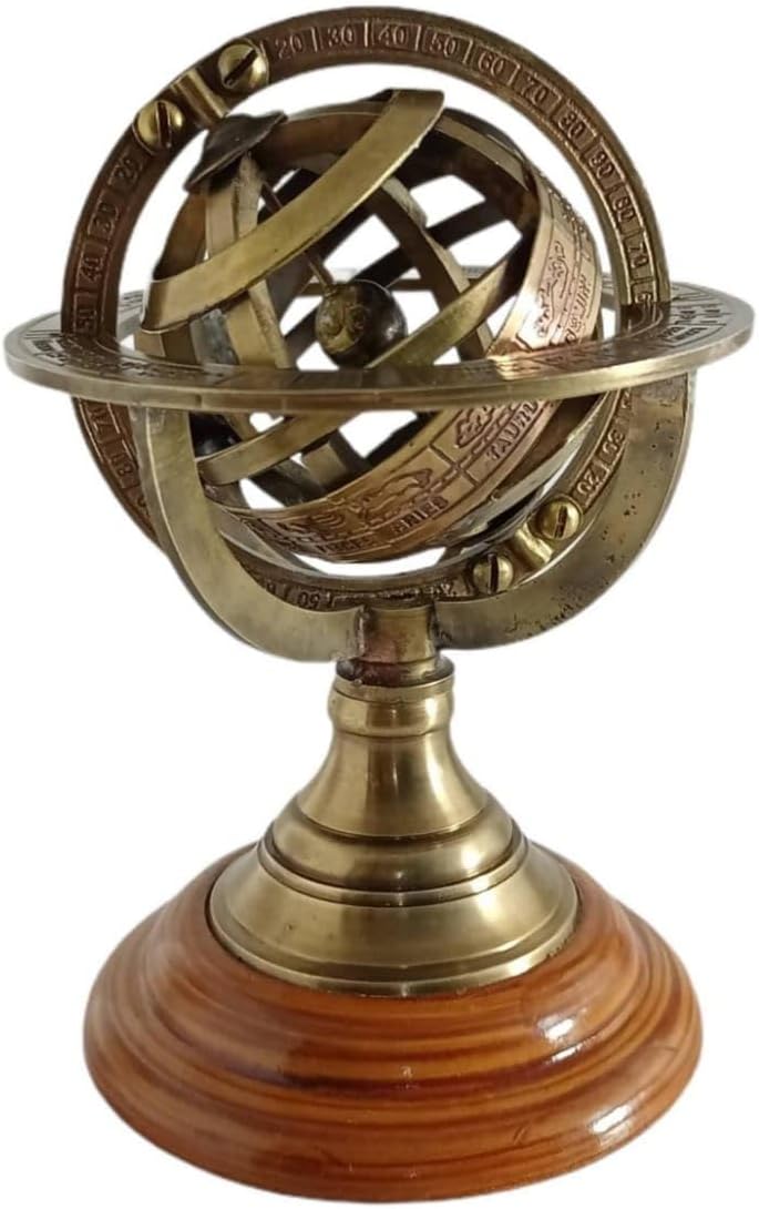 Antique Armillary Globe – 5 Inch Vintage Brass Armillary Sphere with Wooden Base – Decorative Celestial Globe Model for Office, Study, and Home Décor