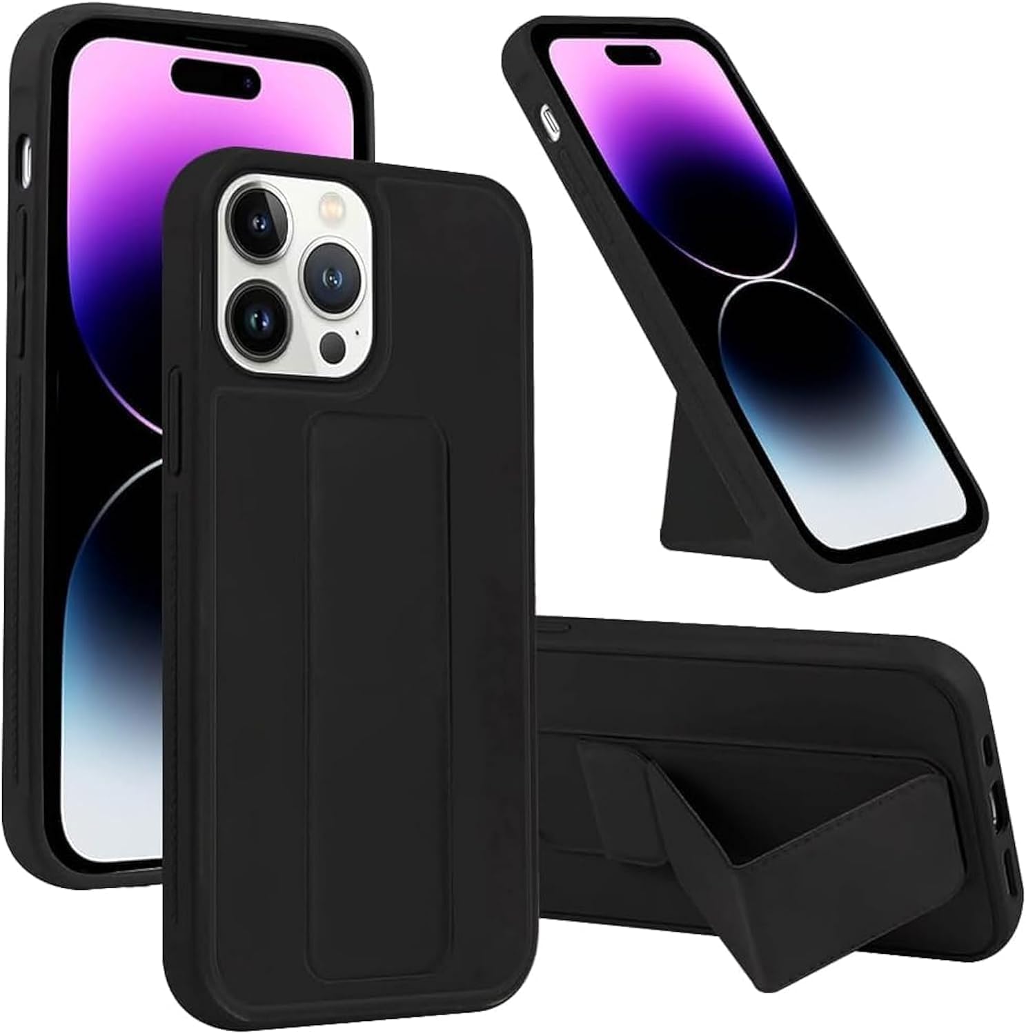 EMODIL Case for iPhone 15 Pro Cover Black Magnetic Car Mount Kickstand & Holder, Premium Silicone Vertical & Horizontal Hand Strap and Grip with Multi Stand (Black)