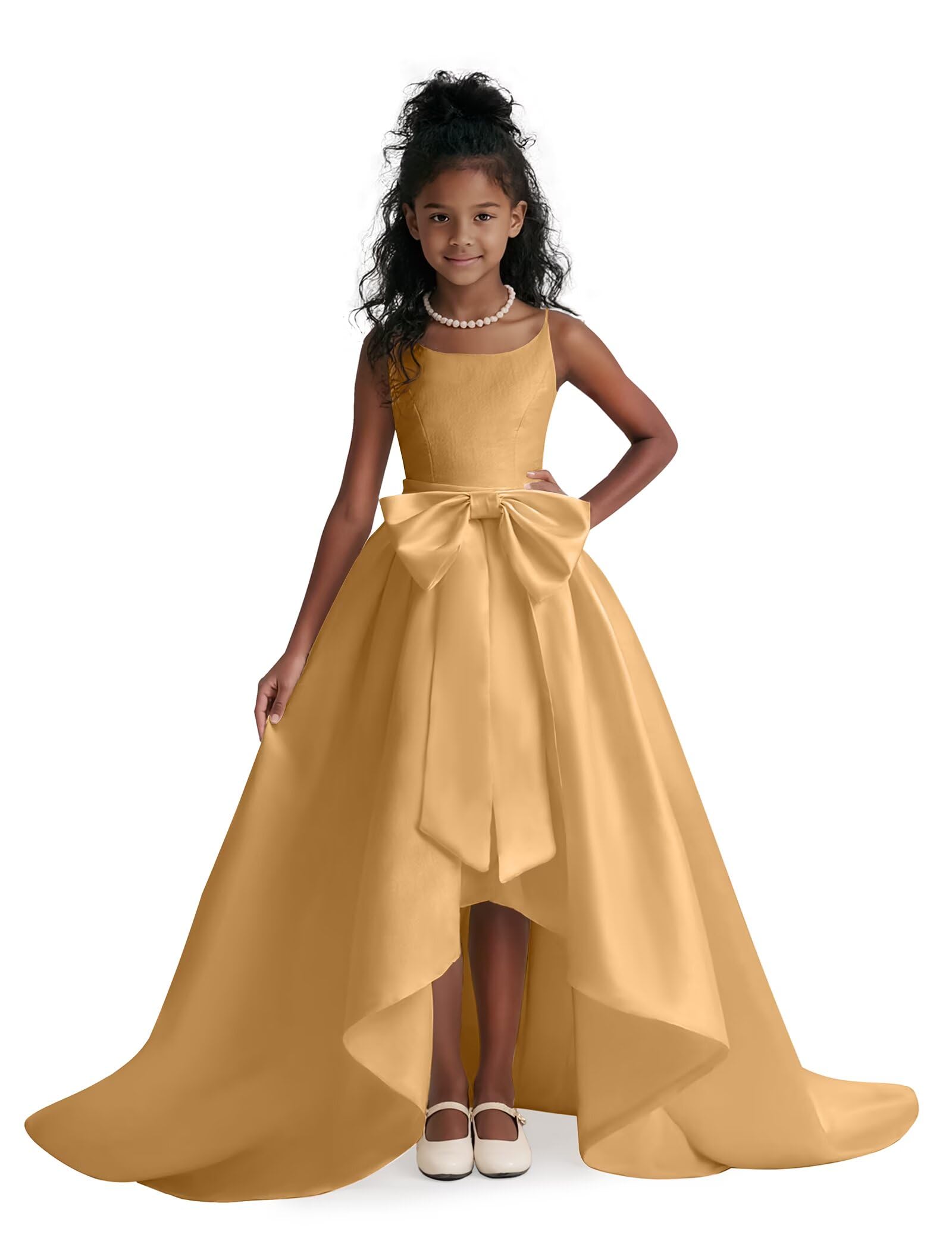 Satin Flower Girl Dresses for Wedding High-Low Pageant Dresses for Girls Satin First Communion Ball Gowns