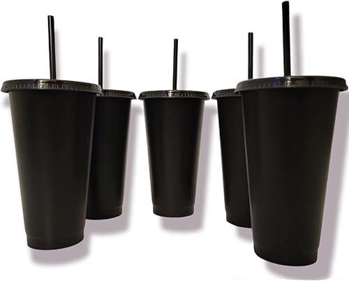 Miniatura 2 de Vasos de plástico negro mate con tapas y pajillas, vaso reutilizable para frío, 24 onzas, paquete de 5 unidades, para personalizar y personalizar,