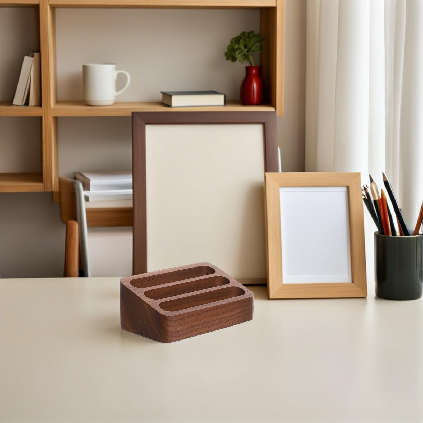 SHINEOFI 2piezas Tarjetero de Madera de Nogal Negro Estuche para Tarjetas de Visita Ranuras Pequeño Organizador para Oficina Hogar y Mesa de Escritorio