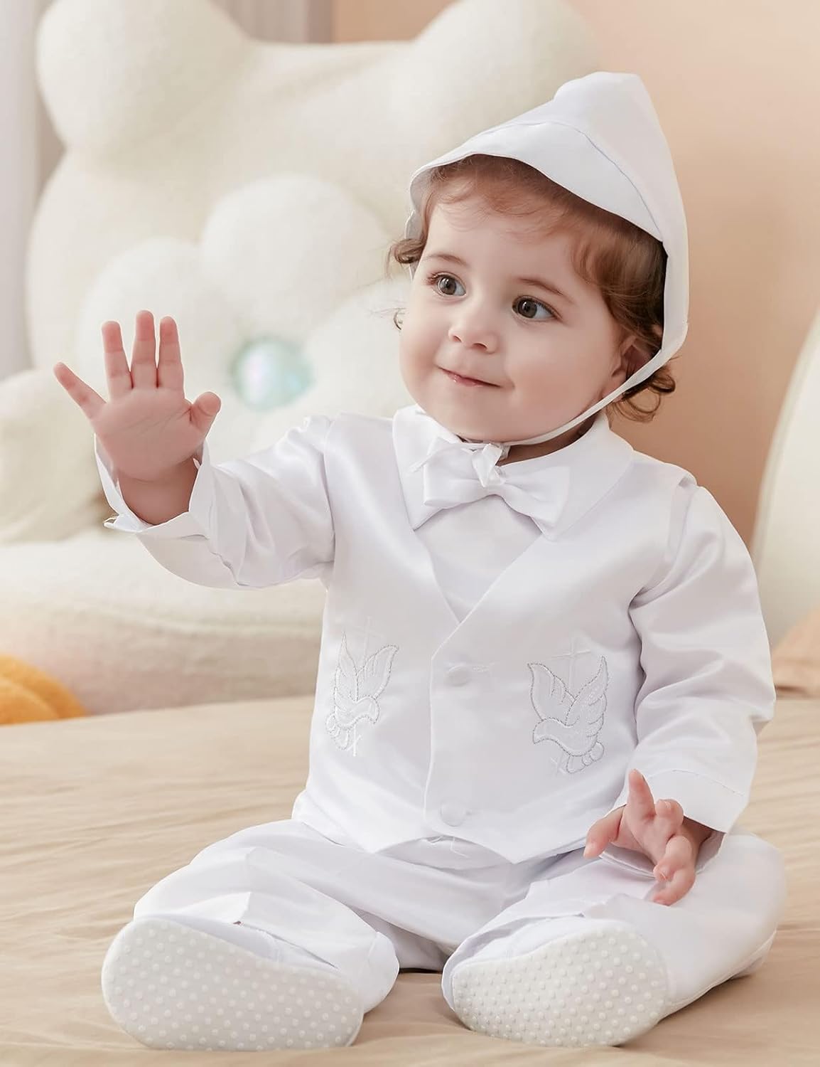A&J DESIGN White Baby Boy Baptism Outfit 3-18 Months Long Sleeve with Embroidered Cross - Image 3