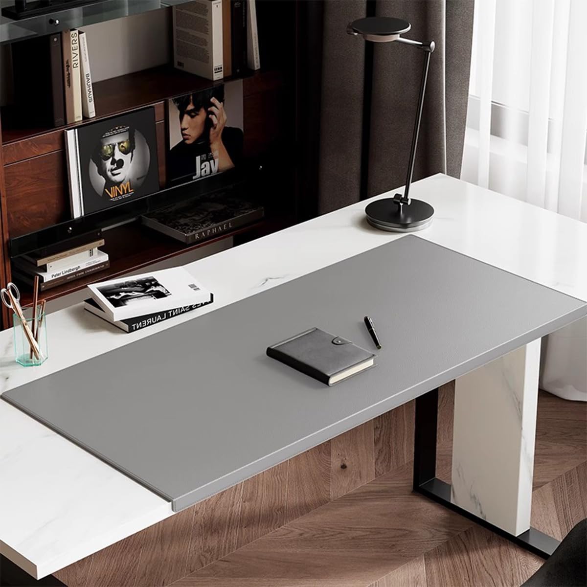 Sewing Edge Table Mat, Large PU Leather Desk Pad with Edge Protector, Non-Slip Waterproof Laptop Mouse Mats for Office Home Decor Work Game Study Typing (Gray,90x40cm)