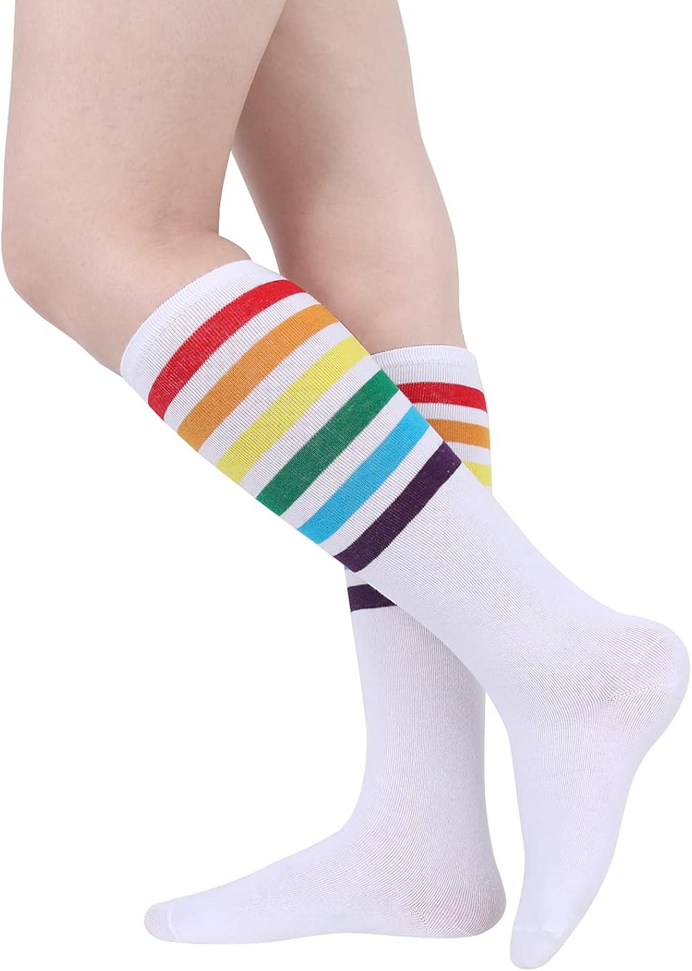 Womens Rainbow Novelty Striped Knee High Socks Girls Funny Athletic Colorful Cute Cotton Stockings Tube Socks Gift ,White Rainbow : Clothing, Shoes & Jewelry