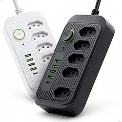 Régua Extensão Filtro de Linha 5 Tomadas Bivolt 2500W 10A com 4 Portas USB + 1 Tipo-C, Botão Liga/Desliga e Proteção Sobretensão – Ideal para Escritório, Casa e Eletrônicos (Preto)