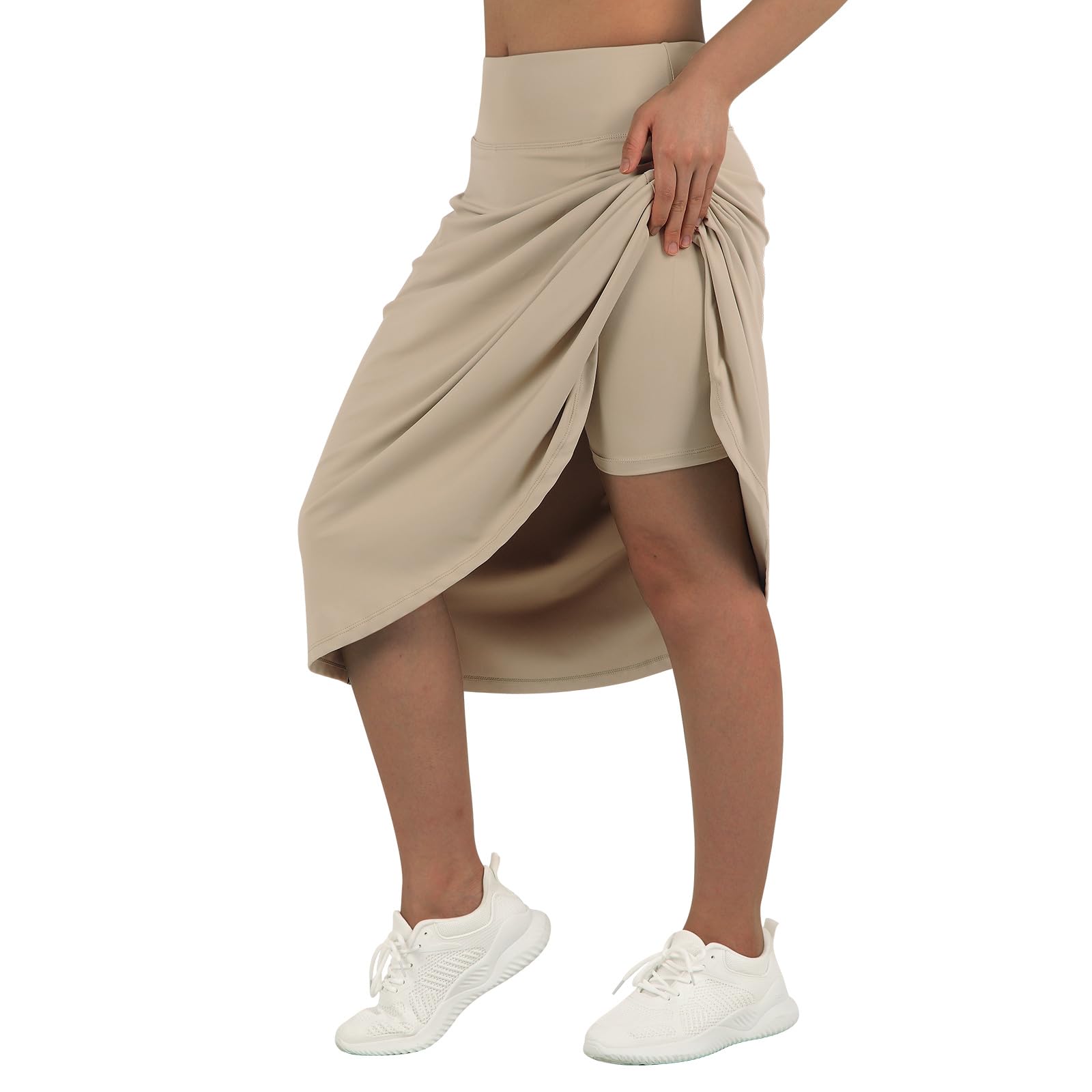 beroy Falda pantalón Larga de 28 Pulgadas para Mujer con 2 Bolsillos, Falda Modesta con Pantalones Cortos Debajo de Faldas largas de Cintura Alta, Caqui, XXL