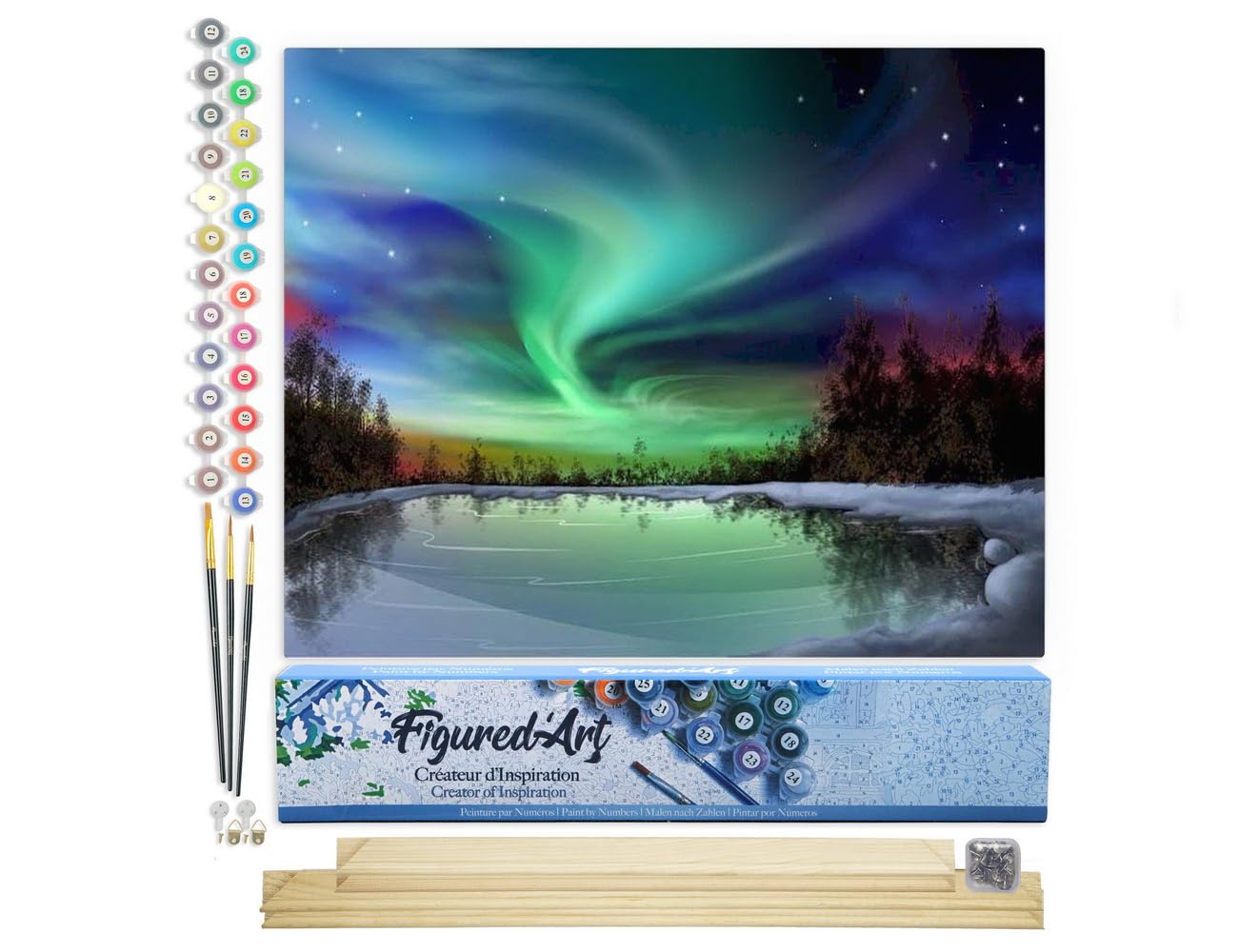 Figured'Art Paint by Numbers Kit for Adults Aurora Borealis and Lake 16"x20" - Craft Art Painting Rolled Canvas with DIY Wooden Frame