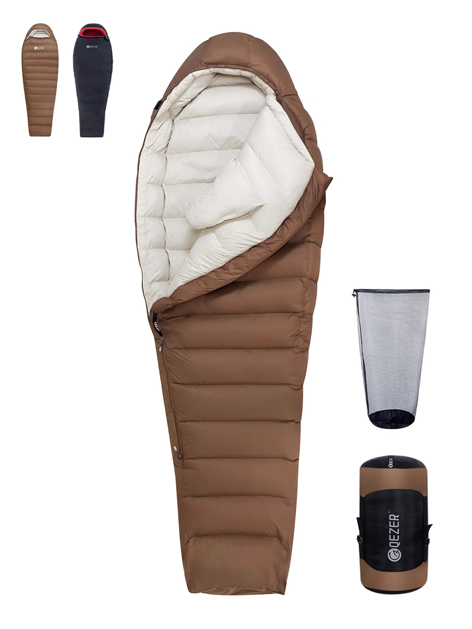 QEZER Winter Sleeping Bag for Adults, Lightweight Down Sleeping Bag -20 Degree C for Cold Weather Camping and Mountaineering Outdoor with 650 FP Duck Down (Coffee, 1500g down)