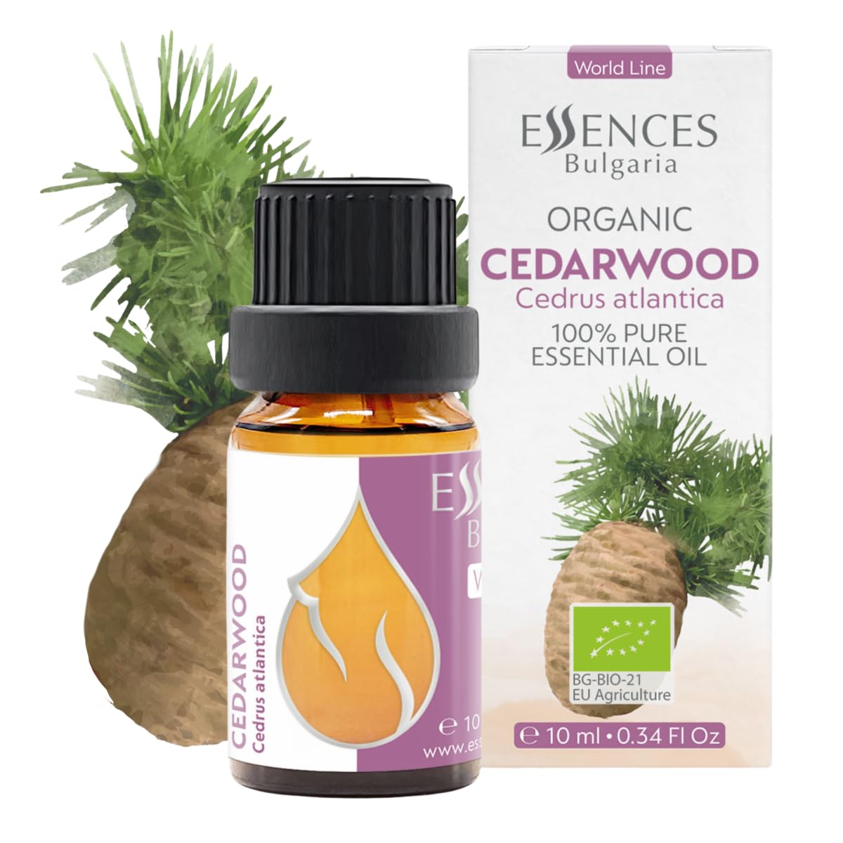 Essences Bulgaria Organic Cedarwood Essential Oil 10ml Cedrus atlantica - 100% Pure Natural Undiluted Therapeutic Grade for Aromatherapy with Diffuser Humidifier DIY Men Cologne