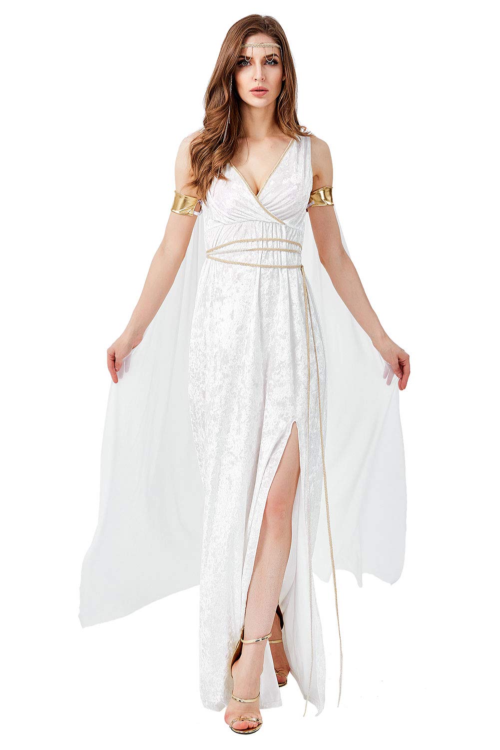 Women Halloween Greek Goddess Dress Athena Costume V Neck Sleeveless Roman Toga Olympic Full Set
