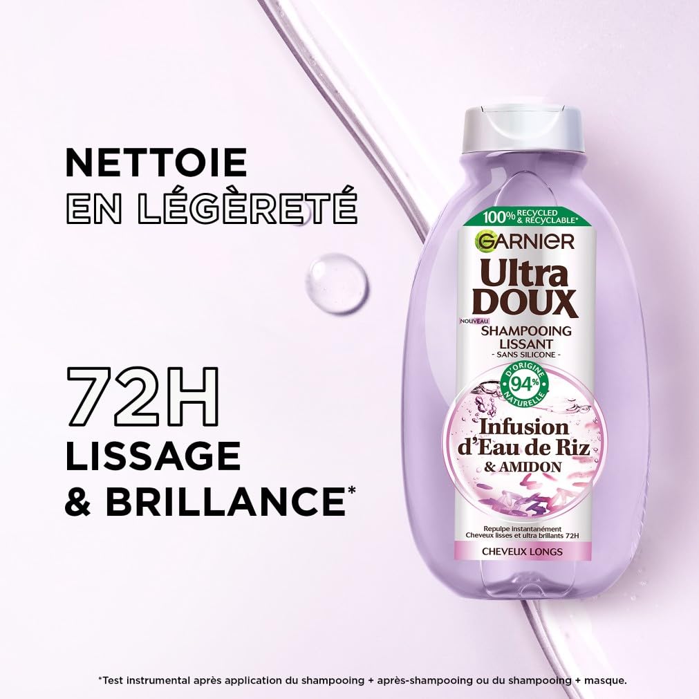 Visiter la boutique Garnier Garnier Ultra Doux - Shampooing Lissant Douceur & Brillance à l'Infusion d'Eau de Riz - Cheveux Rebelles et Indisciplinés - 250 ml in use