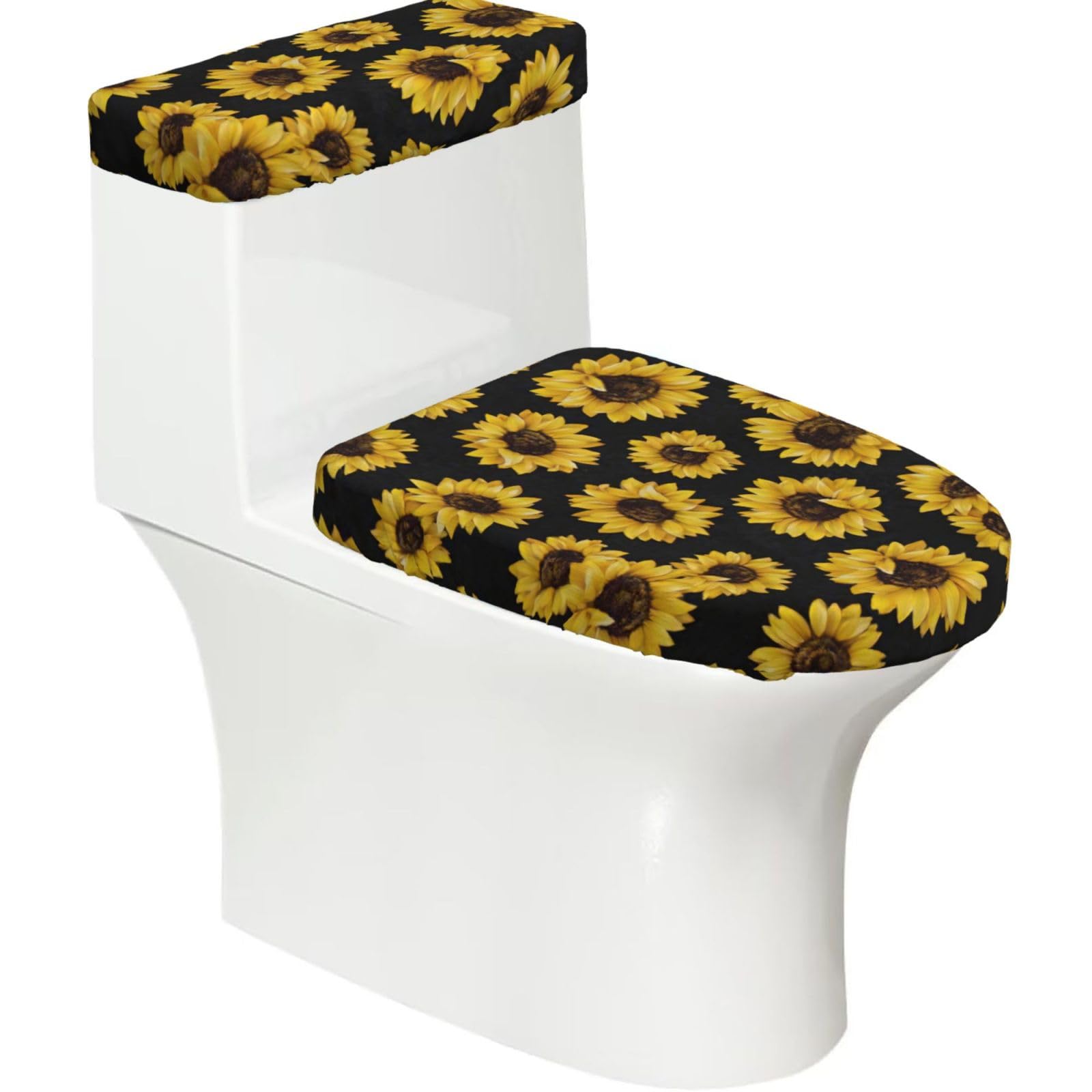 Golden Sunflowers Print Stretch Toilet Covers Set, Polyester Covers Replacement For Fits Most Size Lids Bathroom Decor