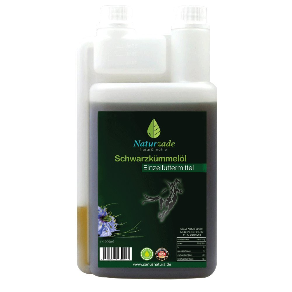 Naturzade Schwarzkümmelöl für Pferde & Hunde, 1 Liter Dosierflasche, kaltgepresst mühlenfisch direkt vom Hersteller