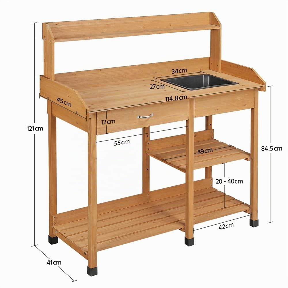 Yaheetech Mesa de Jardinería Exterior, Mesa de Trabajo y Cultivo | de Madera Abeto, para Terraza Patio, con Ganchos, Tamaño 114.8x45x121 cm