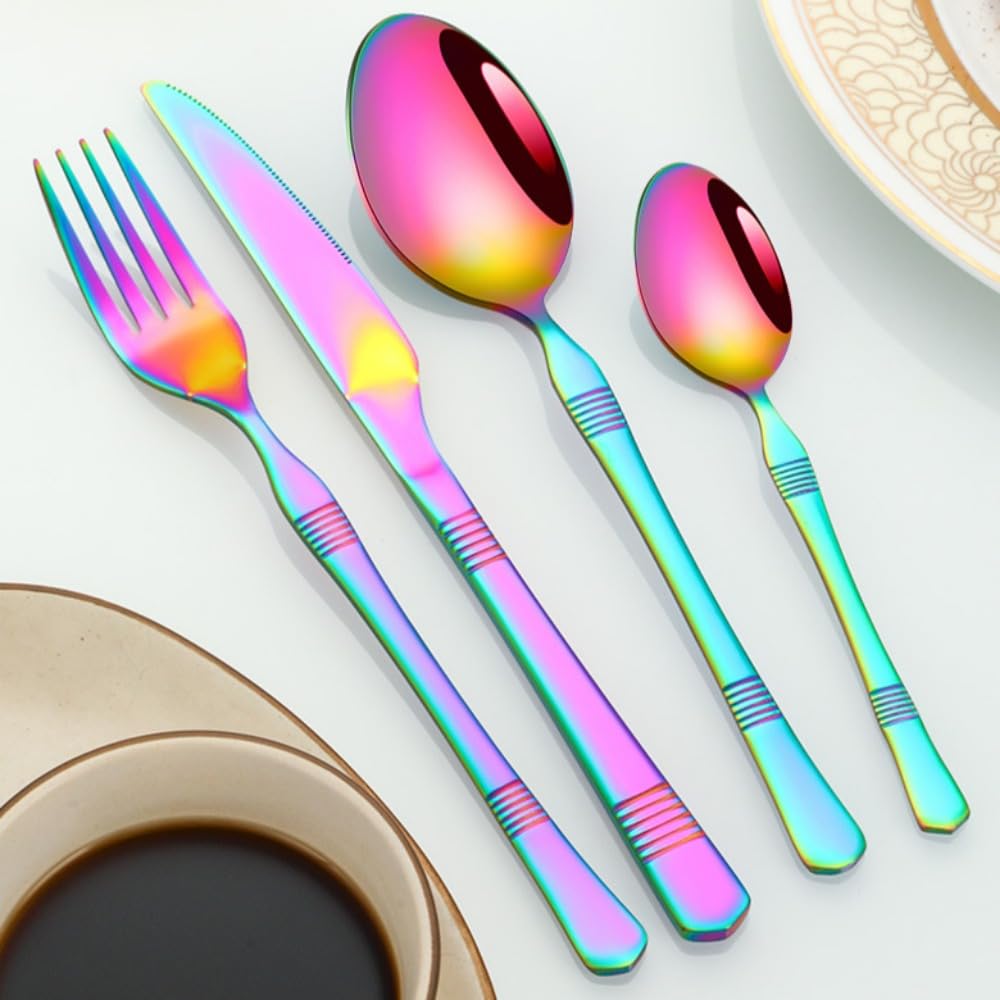 Besteckset aus Edelstahl, 20-teilig, bunt, mit horizontal gestreiftem Griff, Besteckset mit Steakmesser, Gabel, Löffel und Teelöffel für Küche und Esszimmer (schwarz)