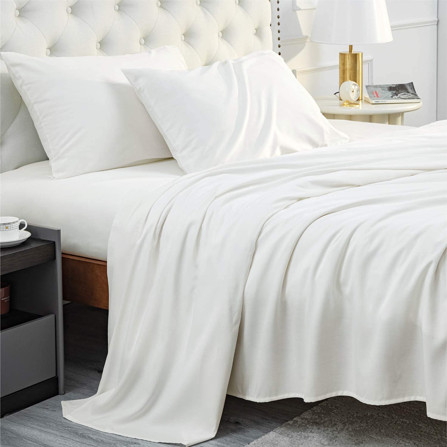 Bedsure Bamboo Sheets Queen Size White - Cooling Sheets 4 PC Luxury Bed Sheets Set for Night Sweat with 16 inch Deep Pocke...