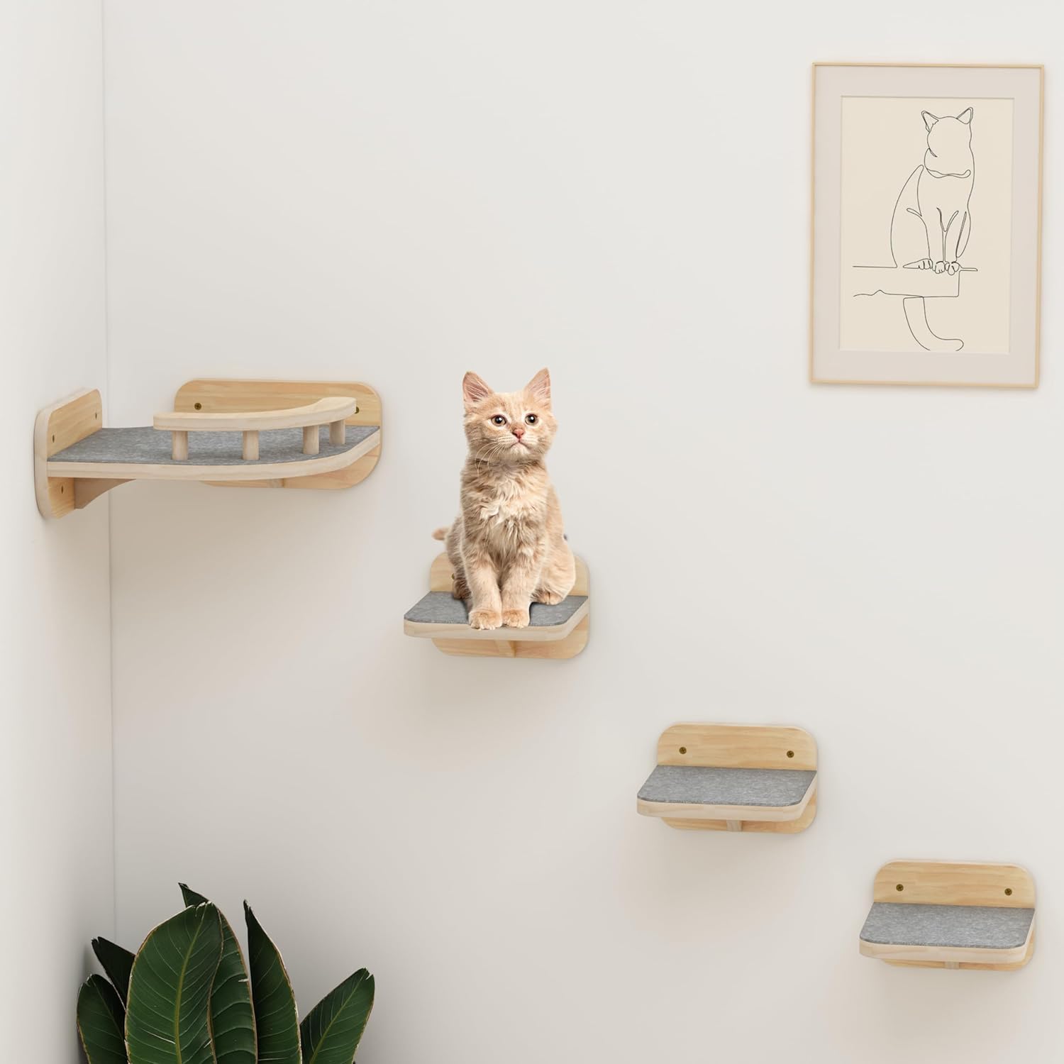 Megidok Corner Cat Climbing Shelf Perches Set Furniture, Cat Bed Wall Mounted Shelves with Soft Felt Pads and 3 Steps, Modern Floating Stairs for Wall Indoor - Wood Color (B0CP9CK5QZ) Amazon Price History, Amazon Price Tracker