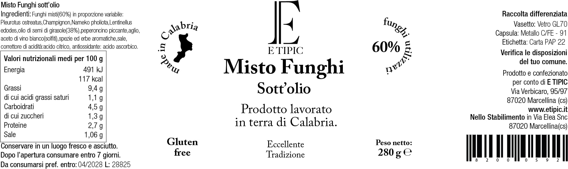 Funghi misti| Funghi misti sott'olio | Funghi| E Tipic | Artiglianale | Prodotti tipici Calabresi | Vaso da 280g (4 Unità)