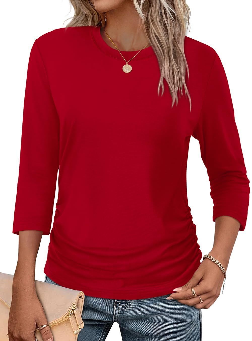 Blusa feminina de manga 3/4 com gola redonda franzida para o verão, roupas casuais de negócios, roupas de outono