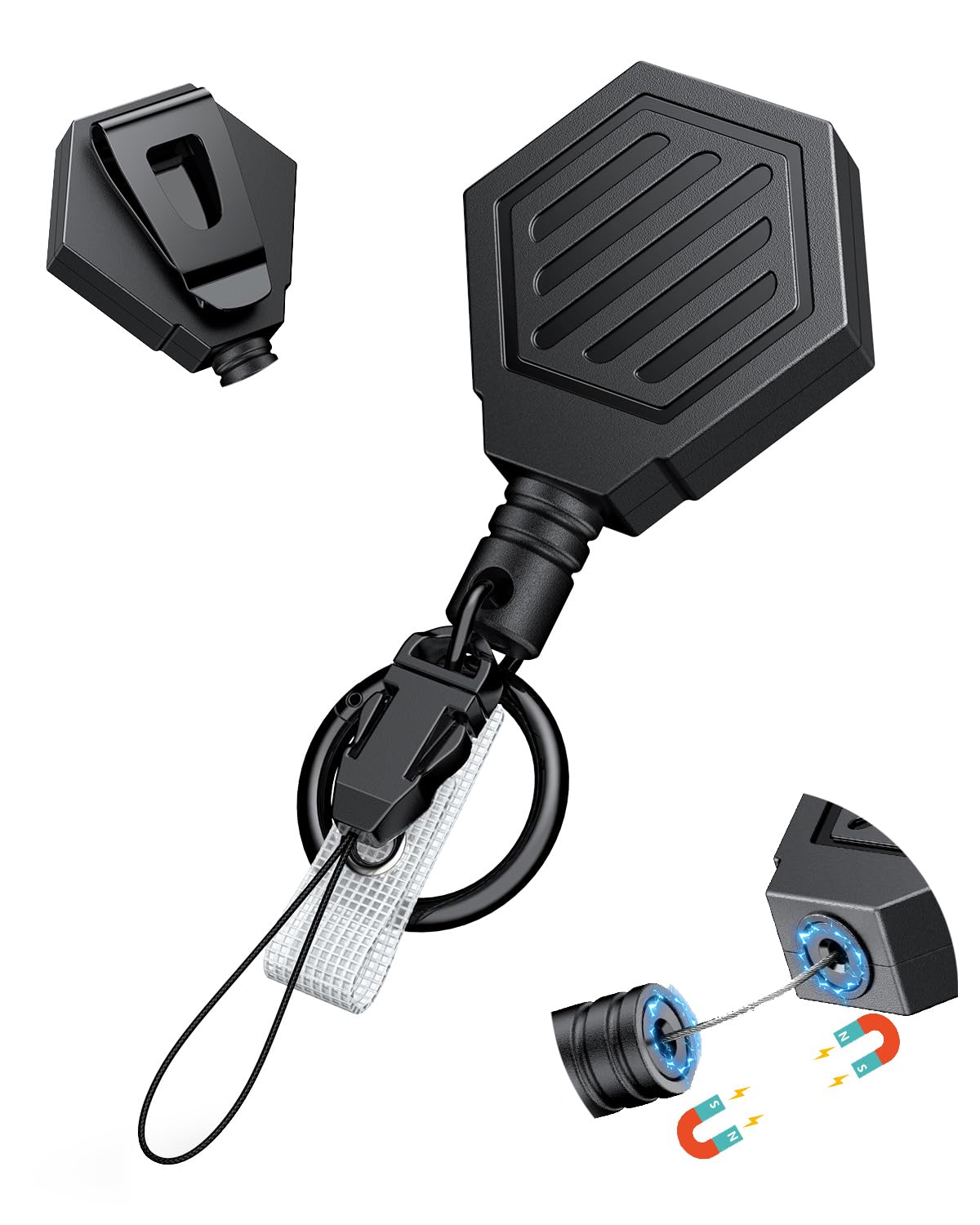 Uniclife Heavy Duty Retractable Keychain with Magnetic Closure Retractable Badge Reel for up to 255 g ID Badge Holder Reel with 89 cm Dyneema Cord ABS Casing Belt Clip and Large Carabiner Ring
