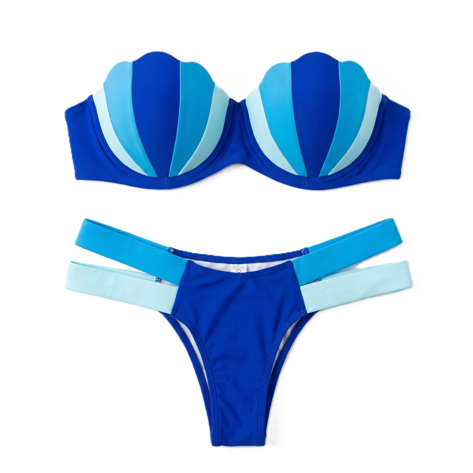 Women's Shell Bikini Set, Blue, Strapless Padded Bustier Top with Dual-Strap High-Leg Bottom, Resort Vacation Swimwear-image-6