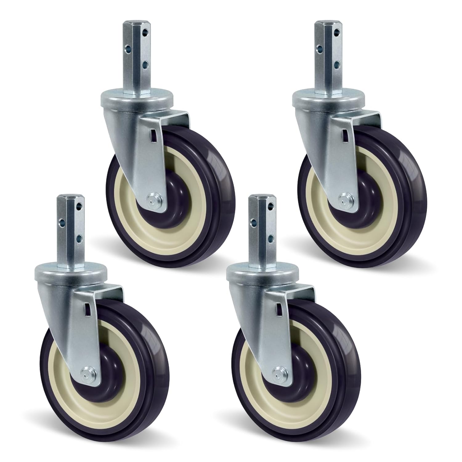 5" Caster Wheels, Square Stem Casters Set of 4 Heavy Duty, 7/8'' x 2-1/2" (Screw Diameter 7/8", Stem Length 2-1/2") with 1/4'' Mounting Holes, Polyurethane Swivel Casters