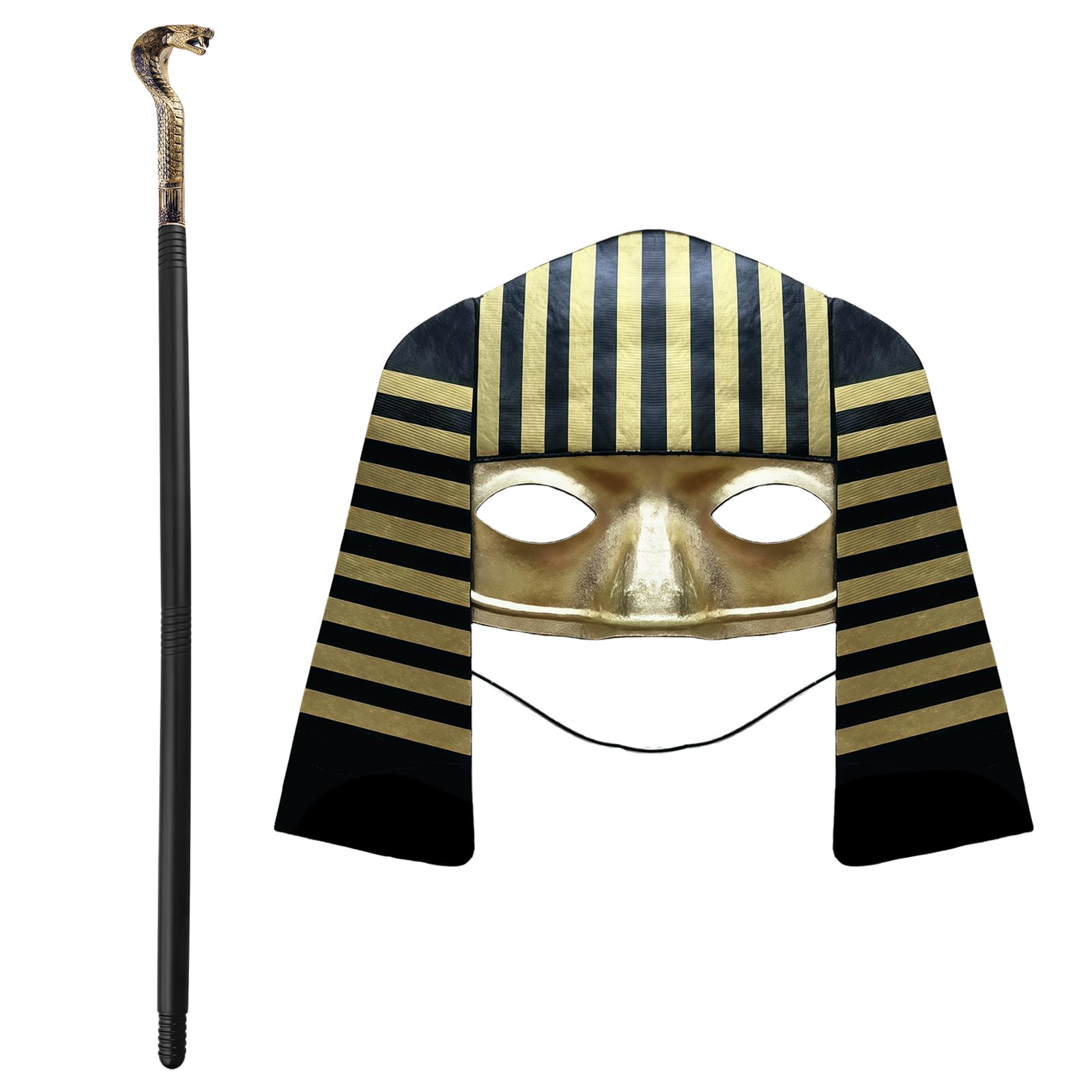 MEISH 2 Pcs Egyptian Pharaoh Mask with Snake Staff Pharaoh Headpiece King Scepter Stick Reusable Black Gold Stripe Mask Gold Walking Cane Cosplay Role Egyptian Fancy Dress for Halloween Prop