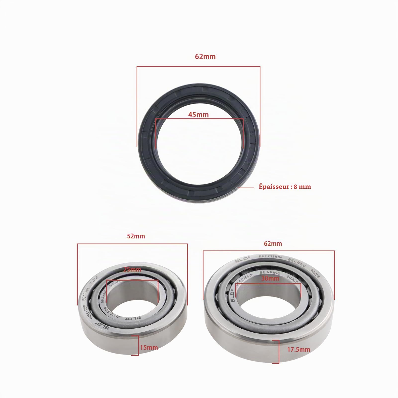 Create idea 1 Jeu de Roulements de Roue 30205 30206 Roulements à Rouleaux Coniques Et Joint d'arbre 45x62x8mm Compatible avec Frein Nieper 200x50RA (20-2425/1) HEKU pour GFA 650- GFA 1350