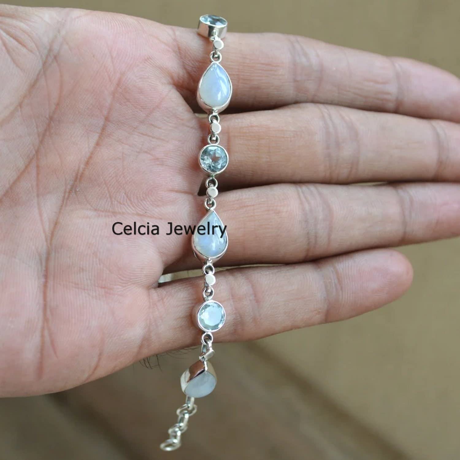 Bracciale in argento sterling 925 solido per uomo, donna, unisex, pietra di luna naturale, braccialetto con topazio blu pietra preziosa Bracciale artigianale unico per lei o per lui
