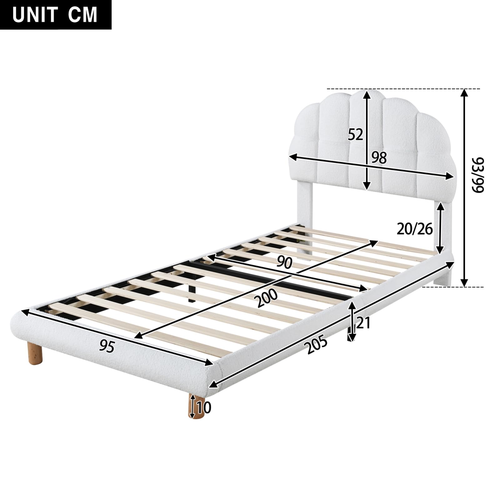 Mädchen Kinderbett 90x200cm mit Verstellbares Kopfteil, Einzelbett Polsterbett Bettgestell mit Lattenrost aus Holz, Einfache Montage, Kreisvlies, Ohne Matratze