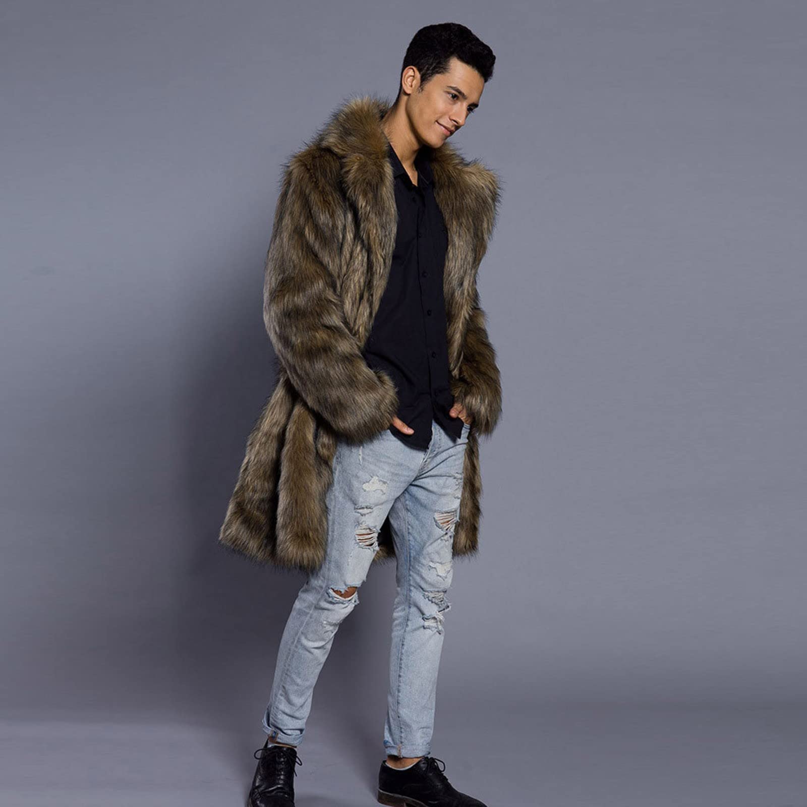 Pelzmantel Herren Lang Fellmantel Winterjacke Kunstfell Plüsch Pelzjacke Warm Mantel Revers Faux Pelz Jacke Lose Cardigan Felljacke Langarm Wintermantel