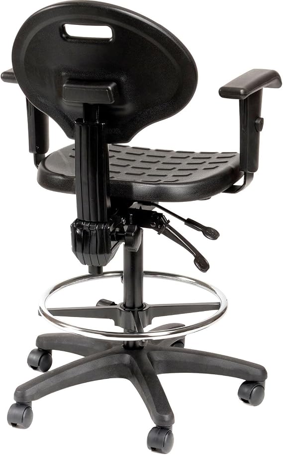Global Industrial Interion Polyurethane Task Stool with Adjustable Arms, Mid Back Home Office Chair with Lumbar Support, Height Adjustable, Drafting Chair with Footrest, Black