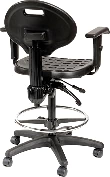 Global Industrial Interion Polyurethane Task Stool with Adjustable Arms, Mid Back Home Office Chair with Lumbar Support, Height Adjustable, Drafting Chair with Footrest, Black