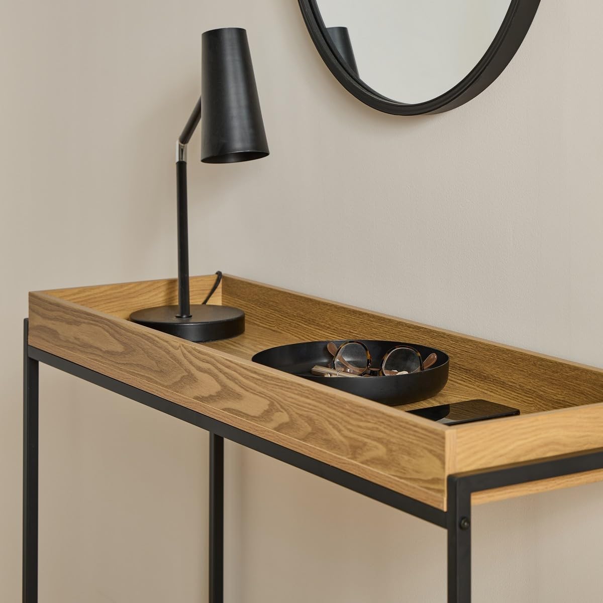 Calicosy – Console d'ingresso Jessie con vassoio a bordo e gambe in metallo nero – elegante design industriale – lunghezza 100 cm – mobile portaoggetti e decorazione