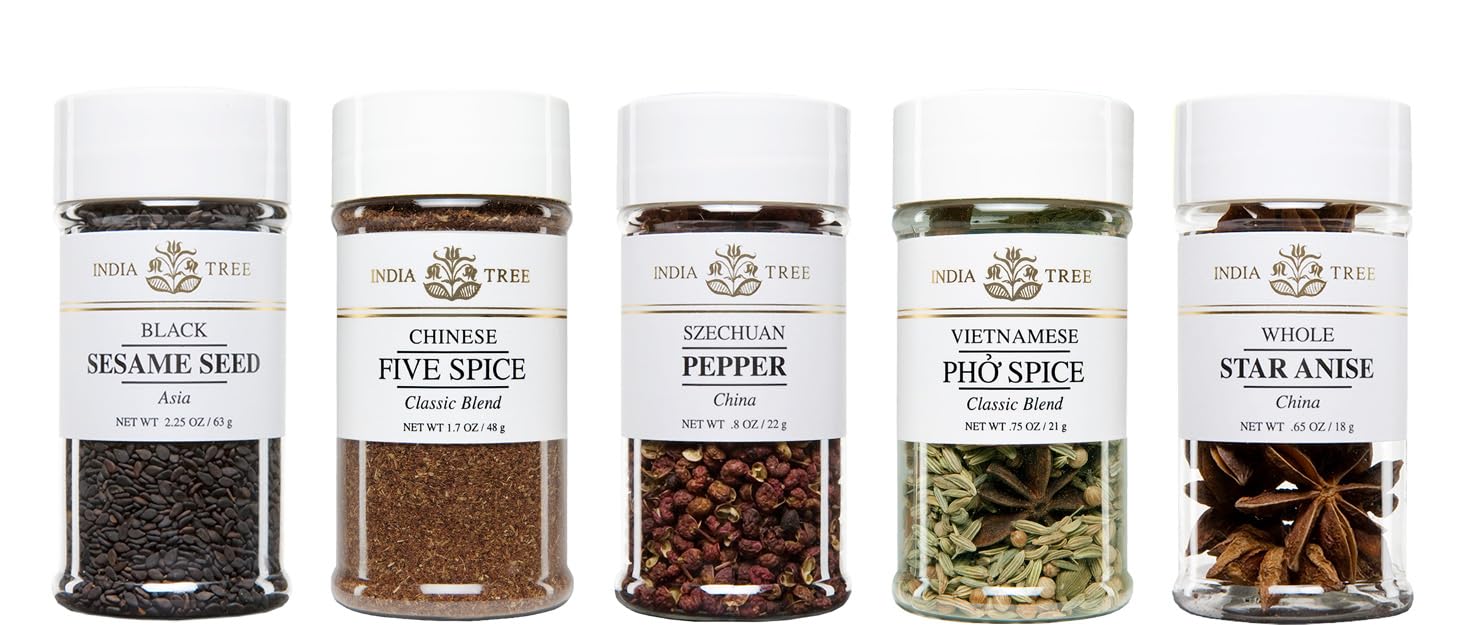 India TreeEast Asian Spice Gift Pack - Black Sesame Seeds, Five Spice, Szechuan Pepper, Pho Spice Blend, and Star Anise - 5 Containers
