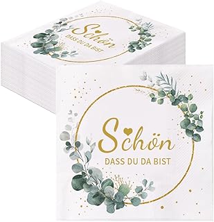 GROVBLE Pack of 40 Serviettes Schön Dass Du Da Bist, Serviettes Wedding Birthday Eucalyptus 2-Layer Napkins Eucalyptus Napkins Green Napkins Sage Green Christening Communion Table Decoration 33 x 33