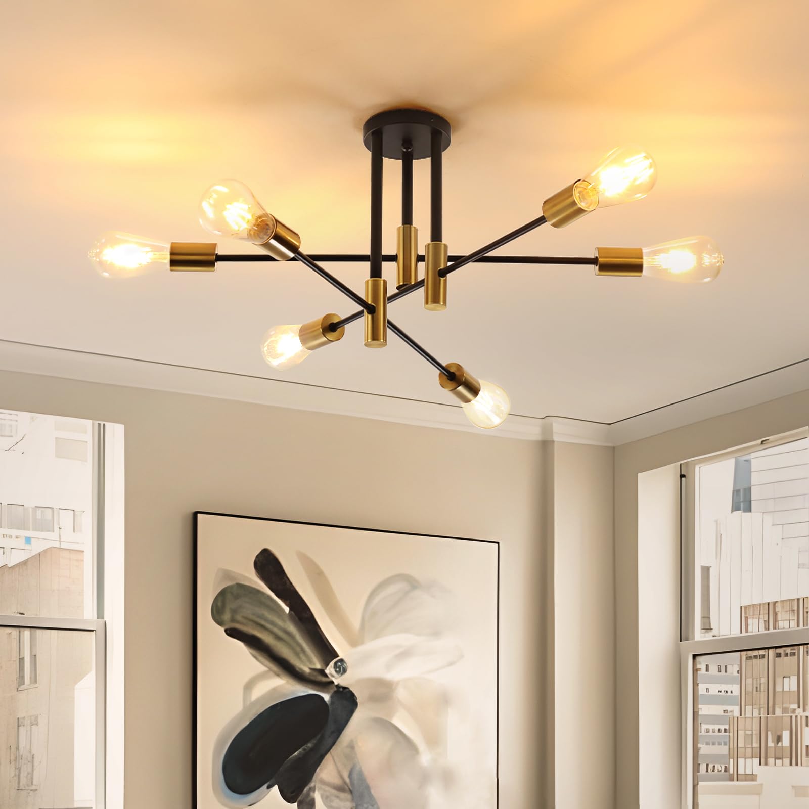 OTREN Lamparas de Techo Vintage, 6 Lámpara Industriales Negro Oro Plafon Sputnik Colgante de Aluminio para Sala de Estar Cocina Dormitorio Comedor, 220V, 62CM(Sin Bombilla)