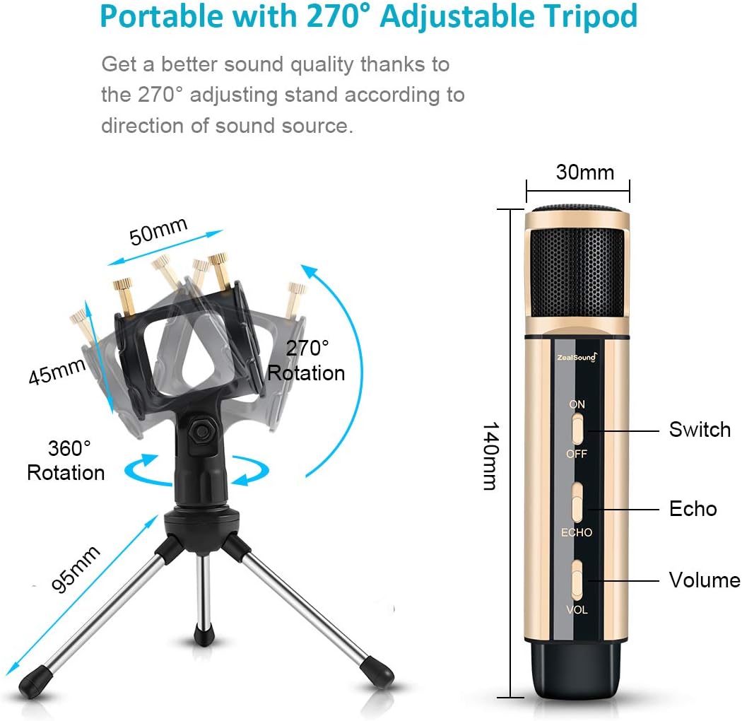 ZealSound USB Microphone, Metal Condenser Recording Microphone for Laptop MAC Windows Computer and Phone w/Stand for ASMR Garageband Smule Stream & YouTube Video Studio Voice Overs Broadcast (Gold)