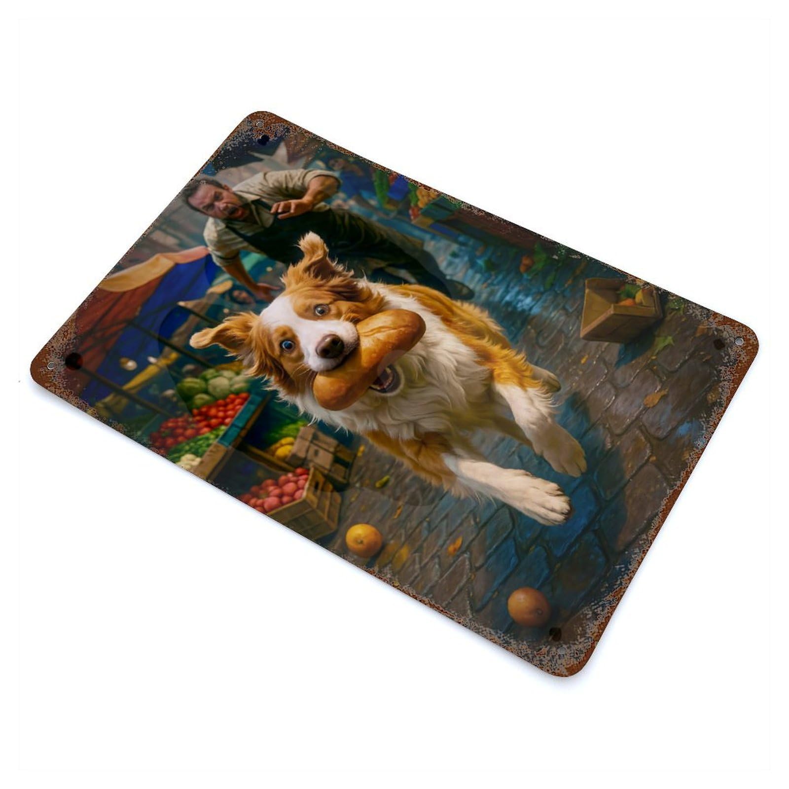 Garage Style Dog Steals Bread at The Market Rust Effect Tin Sign 11.8"x7.9", Vintage Wall Decor for Bar And Workshop